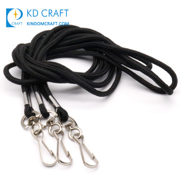 2020 cordon de corde personnalisé sangle de cou polyester vierge plaine double clip noir élastique rond tissé lanière avec clips de sécurité crochet